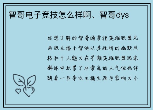 智哥电子竞技怎么样啊、智哥dys